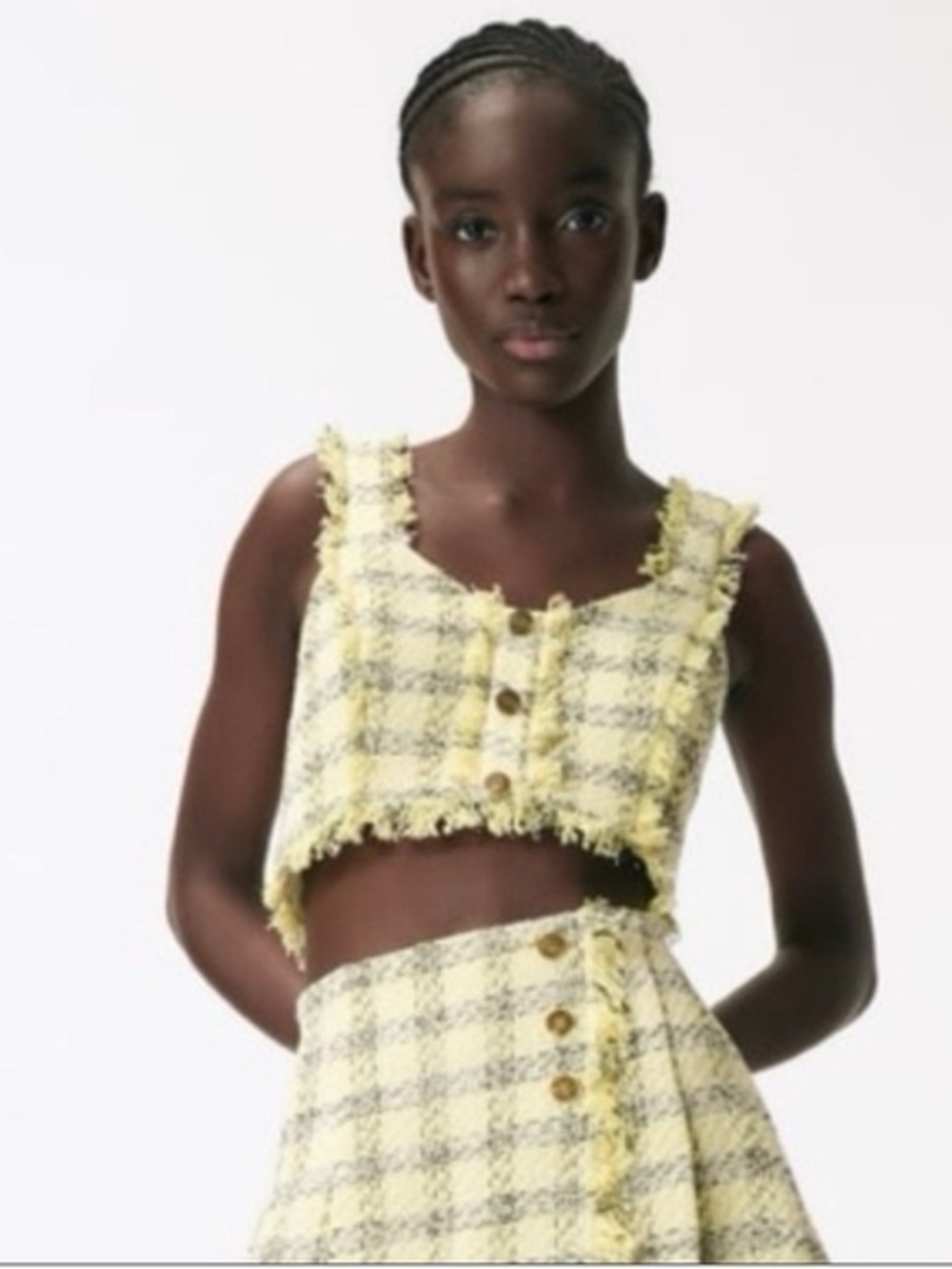 ZARA Yellow Plaid Chanel Tweed Two Piece Matching Coord Set Crop Top L Skirt M